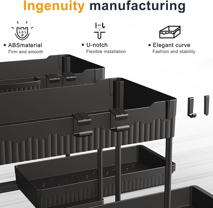 2-Pack 2-Tier Under Sink Organizers with Sliding Drawers | Multi-use kitchen & bathroom storage, 12.85 inch black cabinet organizer, space-saving sliding drawer design. - Image 5