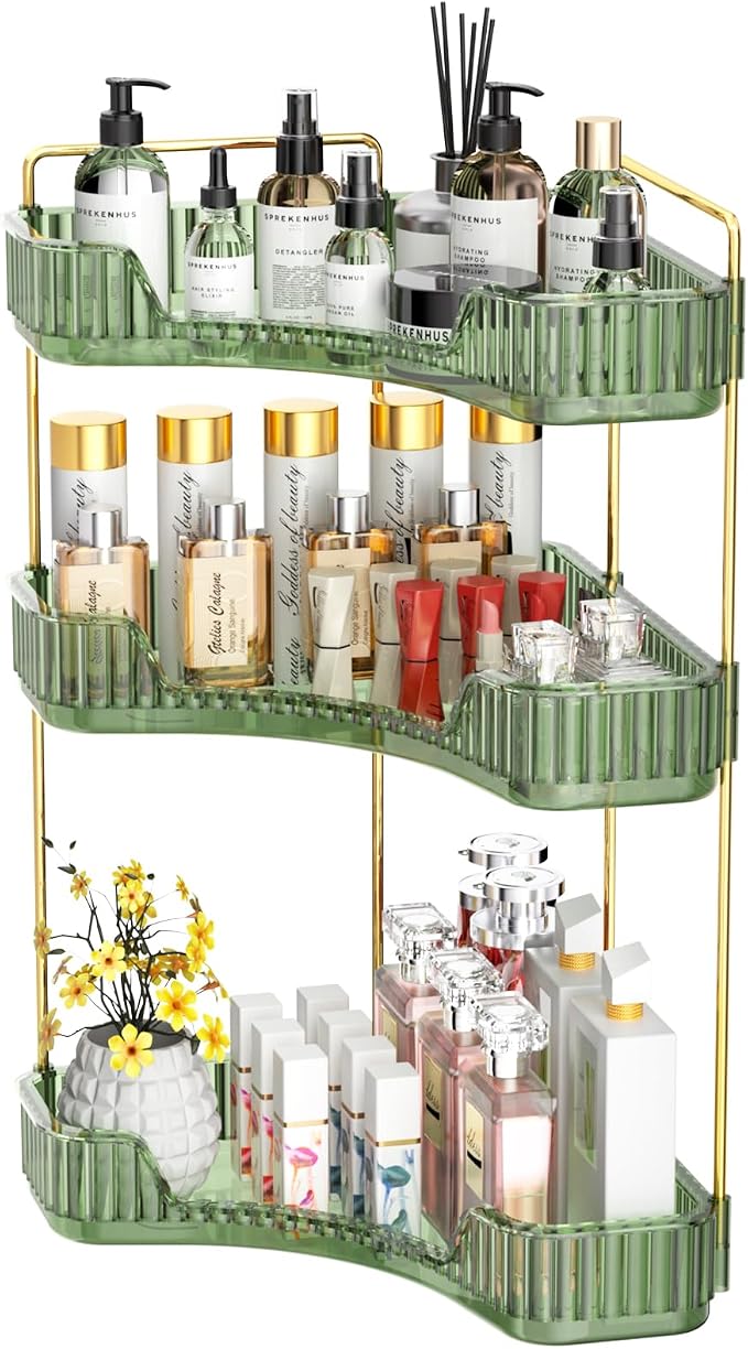 GTI 3-Tier Corner Bathroom Counter Organizer, Large Capacity Makeup Organizer Countertop, Perfume Cosmetics Skincare Vanity Organizers, Exquisite Countertop Storage for Women (Green) by GTI