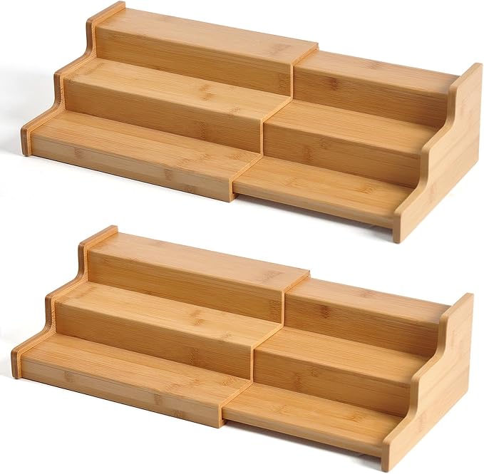 JinDoWin Spice Rack Organizer for Cabinets,Countertop & Pantries,2 Pack | Expandable design, 3-Tier stepped bamboo spice shelf, seasoning organizer, pantry organizers and storage by JinDoWin