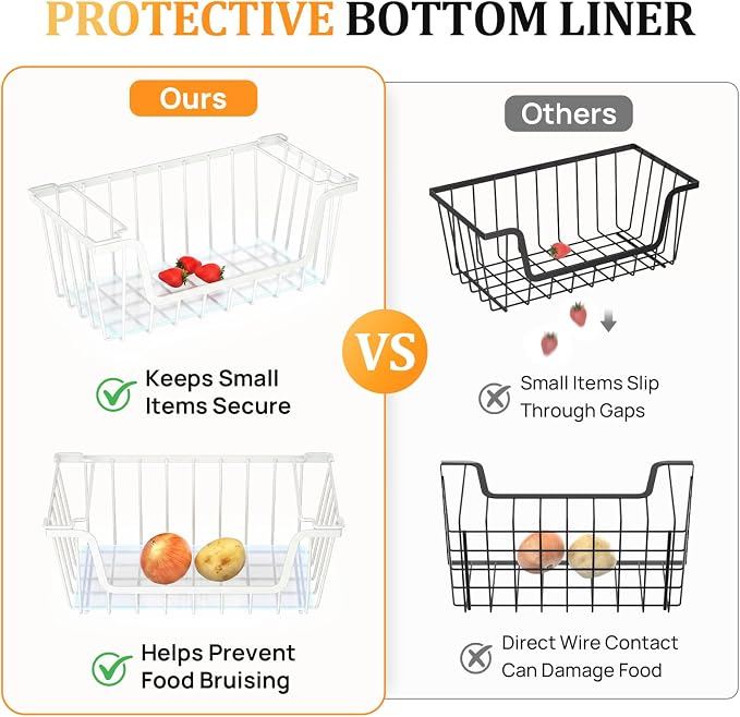 SUNALLY Stackable Storage Bins 6 Pcs Wire Baskets Freezer Organizer, White | Pantry Organizers Storage, Vegetable Fruit Storage Basket for Countertop, Kitchen Baskets for Onion Potato Snack Cans Storage - Image 3