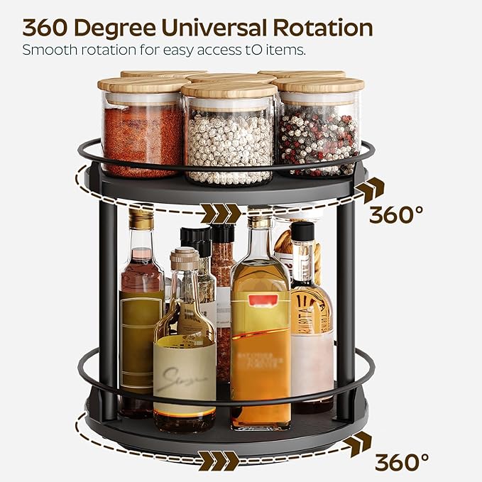 Lazy Susan Organizer, Rotating Spice Rack, 2 Tier Spice Turntable Organizer, Industrial Turntable Spice Holder, for Kitchen Countertop and Cabinet, Compact and Versatile, Black SR22BK - Image 3