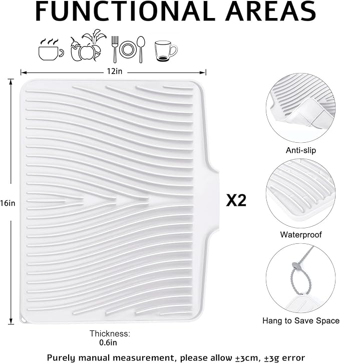 TIKNIK Silicone Dish Drying Mat for Kitchen Counter, White-2pcs, 16" x 12" | Heat Resistant & Non-Slip Dish Drain Pad with Built-In Drain, Dishwasher Safe, Quick-Dry, Hangable & Roll-Up for Storage - Image 2