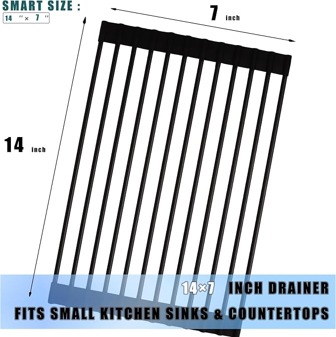 Roll up Dish Drying Rack Silicone Wrapped Stainless Steel 14.5" x 7", Black (M), Over the Sink, Heat Resistant, Foldable - Image 2