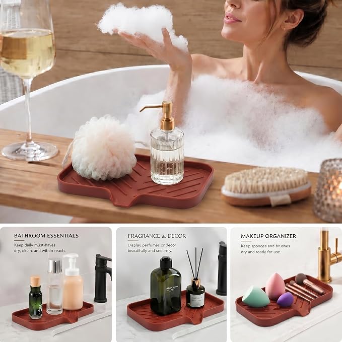 MicoYang Silicone Soap Dish with Drain Spout — Self-Draining Sink Organizer Tray for Bathroom & Kitchen, Sponges, Dispensers & Soap Holder, Non-Slip & Dishwasher Safe, Red (Medium, 9.6"×5.3") - Image 3