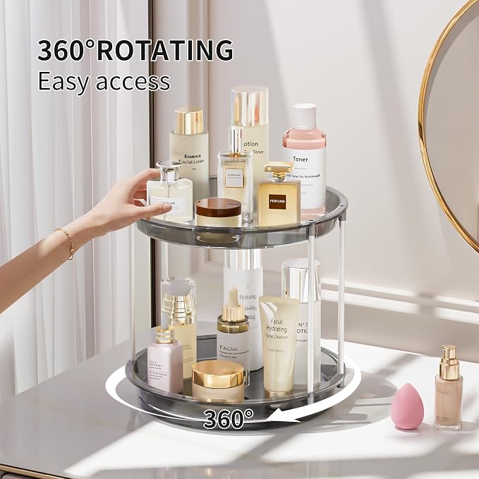 Rotating Makeup Organizer, Perfume Skincare Holder, 2 Tier 9 Inch, Gray | 360° Smooth Spinning Vanity Tray, Large Capacity, Space-Saving Cosmetics Storage for Bathroom Countertop, Dresser - Image 2