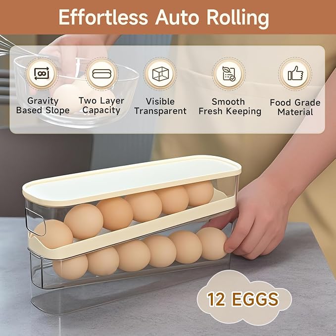 Rolling Egg Holder for Fridge, Egg Dispenser for Refrigerator, Automatic Rolling Storage Container for Countertop, Kitchen & Outdoor Use (3.35"x3.74"x11.02") 2 Pack - Image 7