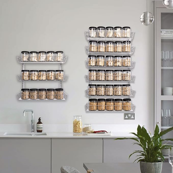 SWOMMOLY Wall Mount Spice Rack Organizer, 9-Tier Adjustable Dual-Use Shelf | Hanging Spice Rack Organizer, Kitchen Pantry Cabinet Storage Holder for Spices, Mason Jars, Bottles & Cans, Silver - Image 2