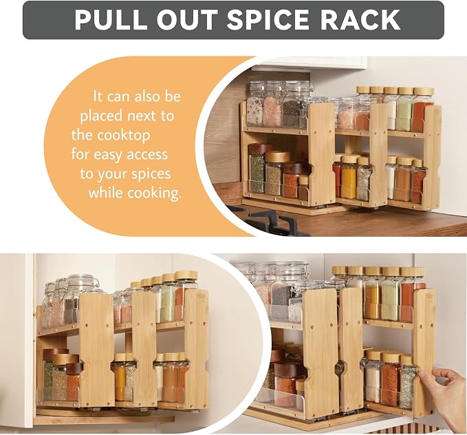 Bamboo Pull Out Spice Rack Organizer for Cabinet, 3 Slide-Out Drawers(2"&3") with Wide Drawer for Large Bottles, Kitchen Pantry Heavy-Duty Sliding Vertical Organization, 8.6"W,2-Tier,Natural - Image 4