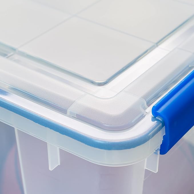 IRIS USA 3-Pack 74 Qt Storage Bins with Gasket Lids, Clear/Blue | WeatherPro seal helps protect bulky items for moving, garage, attic and basement storage - Image 6
