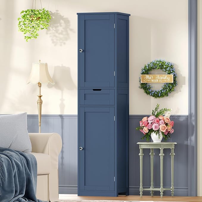 Iwell 67" Tall Bathroom Cabinet, Storage Cabinet with 2 Doors & 1 Drawer, Bathroom Storage Cabinets with Adjustable Shelves, for Living Room, Laundry Room, Home Office, Blue - Image 4