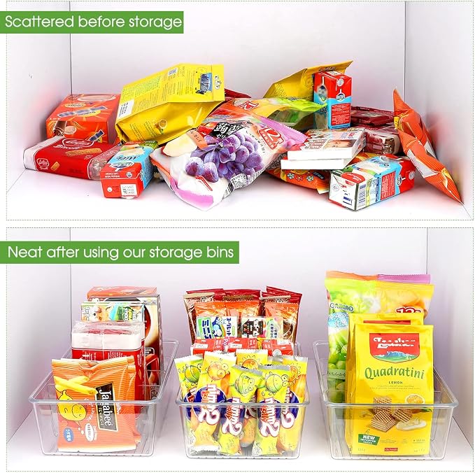 ZIZOTI Snack Organizer for Pantry Shelf, 6 Pack Clear Plastic Pantry Storage Bins with 3 Dividers for Snacks, Spices, Chips Food Organizer, Stackable Pantry Organizers for Kitchen, Fridge, Cabinet - Image 5