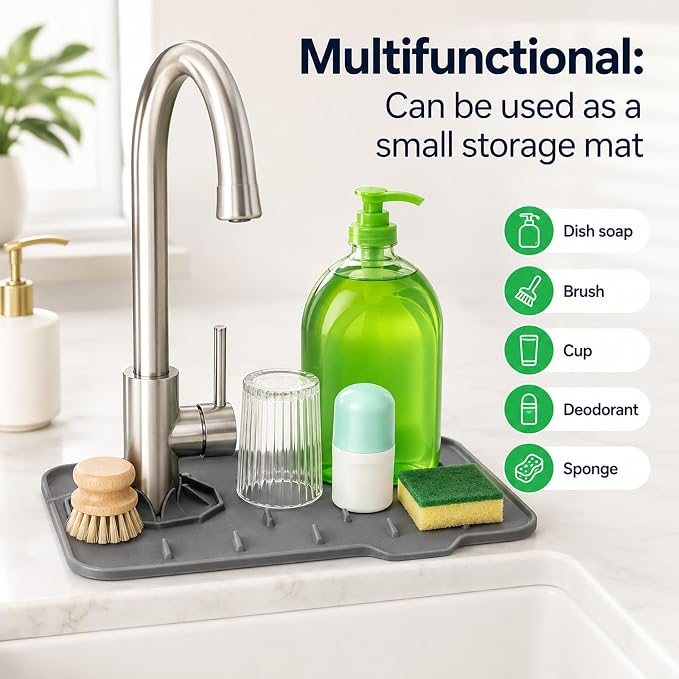 Faucet Draining Mat, Silicone Faucet Mat for Kitchen Sink | 8.3 X 5.7 Inch Silicone Splash Guard Behind Faucet Faucet Handle Drip Catcher for Bathroom Kitchen Countertop Gadgets - Image 3