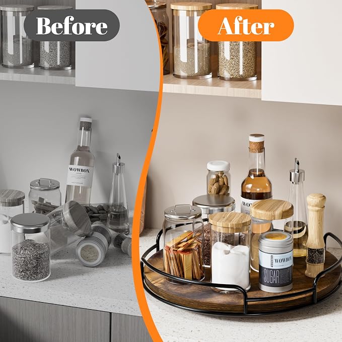 WOWBOX 12" Wood Lazy Susan Turntable Organizer for Cabinet, Pantry, Counter | Smooth 360° Rotation, Space-Saving Wooden Organizer for Spice Jars, Kitchen, Bathroom, Vanity & Tabletop - Image 4