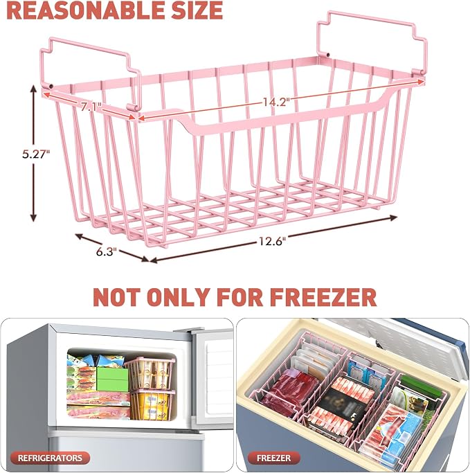 Goovilla Freezer Organizer Bins for 5-7 Cu.FT Chest Freezer, 8 Pack Pink | Foldable Handle Stackable Freezer Baskets, Coated Metal Freezer Storage Bins with Better Space Utilization, Deep Organization - Image 6