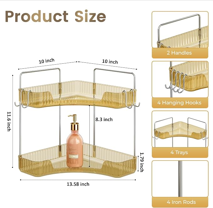 Corner Counter Organizer, 2 Tier Bathroom & Kitchen Storage Tray | PET Vanity Organizer Storage Countertop with Hooks for Skincare, Makeup & Jewelry, Gold - Image 2