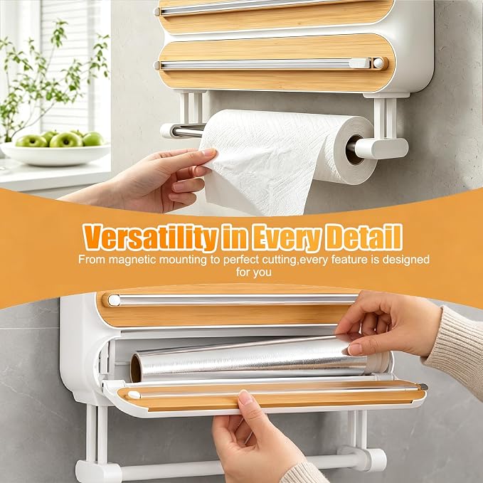 3 in 1 Plastic Wrap Dispenser with Cutter,Wooden Aluminum Foil Organizer | Magnetic Holder with Kitchen Towel Holder, Wall Mount Kitchen Wrap Dispenser for Pantry and Kitchen Cabinet - Image 4