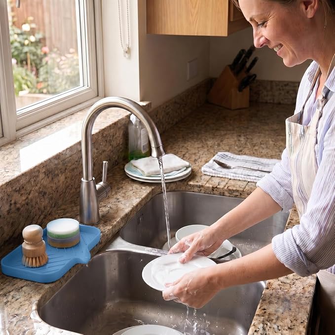 MicoYang Silicone Soap Dish with Drain Spout — Self-Draining Sink Organizer Tray for Bathroom & Kitchen, Sponges, Dispensers & Soap Holder, Non-Slip & Dishwasher Safe, Lichen Blue (Medium, 9.6"×5.3") - Image 8