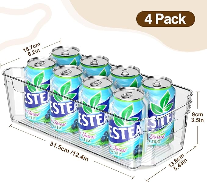 Clear Fridge Organizer, Refrigerator Organizer Bins with Handle, Freezer, Kitchen Cabinet, Pantry Organization, BPA Free Fridge Organizers (12.4 inch 4 Pack) - Image 2