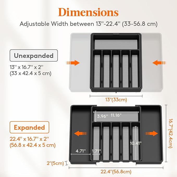 Lifewit Extra Large Silverware Drawer Organizer, Expandable Utensil Tray | BPA Free Flatware Cutlery Holder for Kitchen, Adjustable Plastic Storage for Spoons Forks Knives, 13-22.4 x 16.7, Black Gray - Image 3