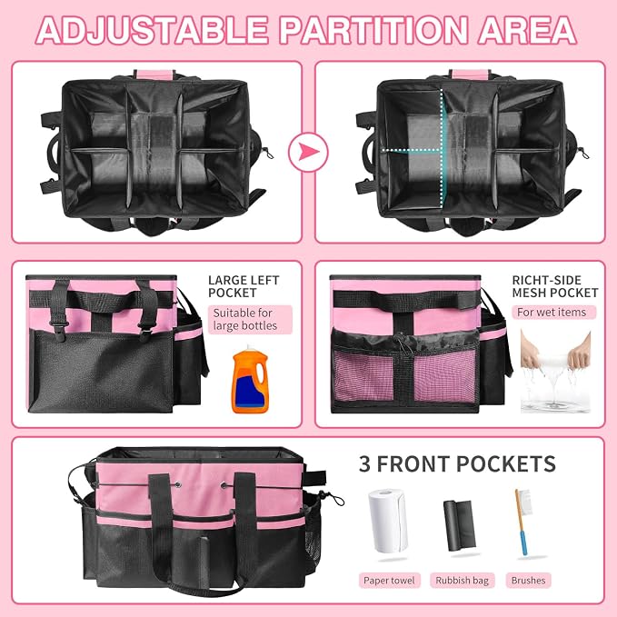 Cleaning Caddy Tote with Removable Dividers - 17.8x12.2x9.3in Waterproof Tool Organizer Bag with Handles & Adjustable Shoulder Strap for Housekeepers, Cleaners & Car Detailing Supplies (Pink) - Image 3