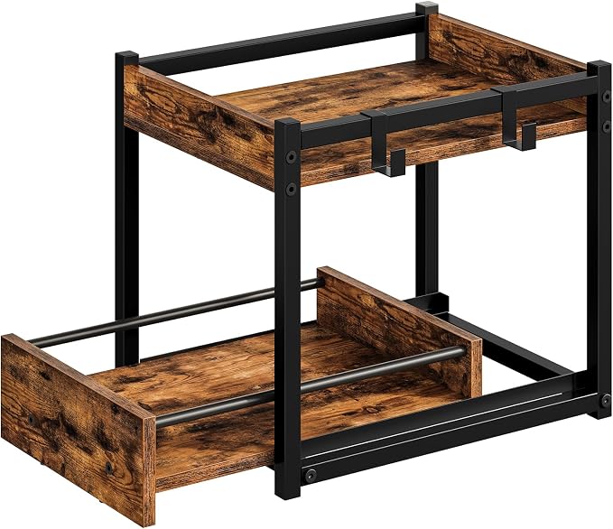 HOOBRO Kitchen Countertop Organizer, Corner Shelf Organizer, 2-Tier Spice Rack with Pull-Out Shelf and Hooks, for Kitchen, Office, Study, Bedroom, Living Room, Rustic Brown and Black BF08TL01 by HOOBRO