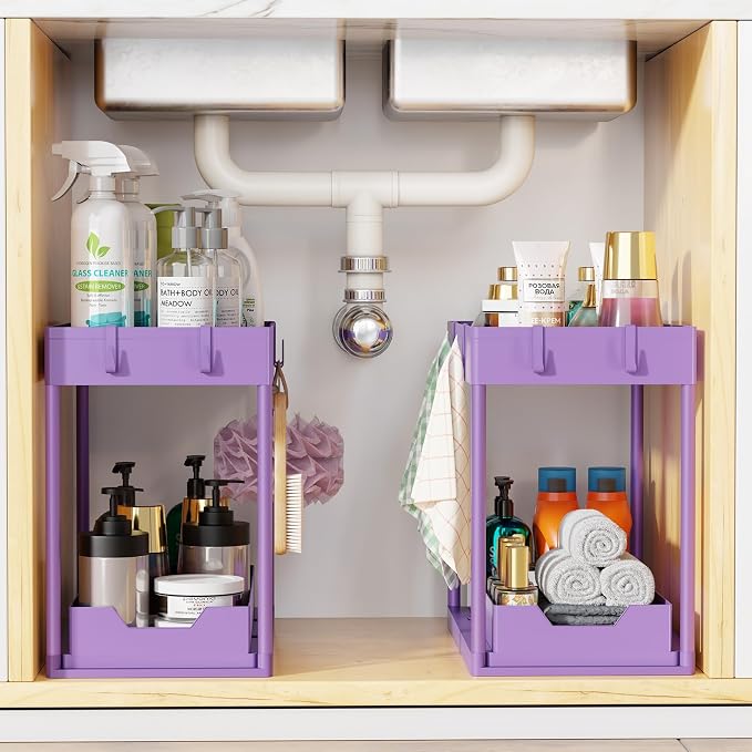 Simple Trending Under Sink Organizer 2 Pack, with Sliding Drawer, Purple | 2-Tier Multi-Use Under Shelf Organizer with Hooks, Sink Pull-Out Sliding Storage Cabinet for Kitchen Bathroom, Easy Assembly - Image 7