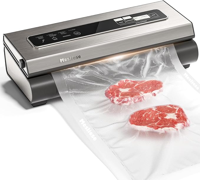 Mesliese 6in1 Vacuum Sealer, Dry/Moist Modes, 2 Bag Rolls & 5 Pre-cut Bags | Silver, 90kPa Compact Vacuum Food Sealing System, Stainless Steel Panel, Smart Suction, External Vacuum for Jars, Cutter, ETL by Mesliese