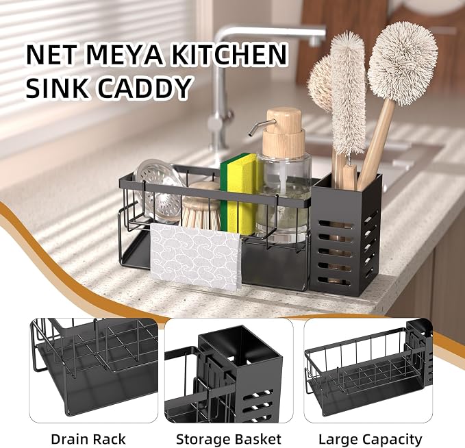 304 Stainless Steel Over Sink Caddy Sponge Soap Organizer Black | Auto sloped drainage with removable tray, 3 divided spaces for sponge & soap, rustproof steel, no installation needed - Image 5