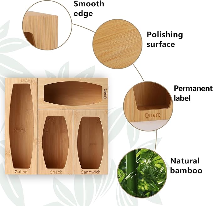 CRAKTH Plastic Bag Storage Organizer for Kitchen Drawer, Bamboo | Space-Saving, Set of 4 Separate, Food Bag Storage Holders, Fits Gallon, Quart, Sandwich, Snack Variety Size Bags - Image 6