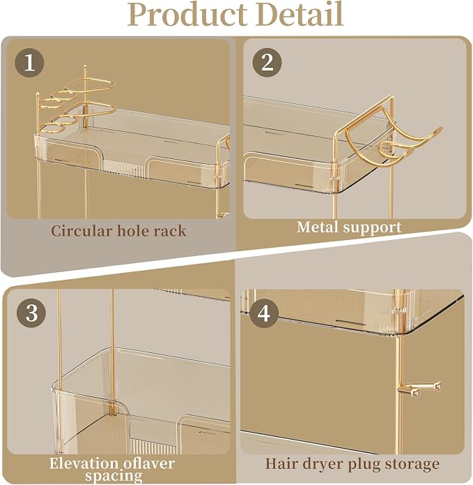 Akinbas 3 Tier Bathroom Organizer Countertop Makeup Perfume Tray Skincare Organizer Comes with Hair Dryer Rack and Toothbrush Holder for Bathroom Dresser Vanity (Gold) - Image 5