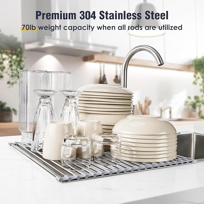 Tomorotec Roll Up Dish Drying Rack Over Sink, 304 Steel, 17.7x15.5, Grey | Anti-Slip Silicone Rims For Grip, Heat-Resistant Trivet Mat Holding Heavy Cookware, Rustproof Kitchen Counter Space Saver - Image 5