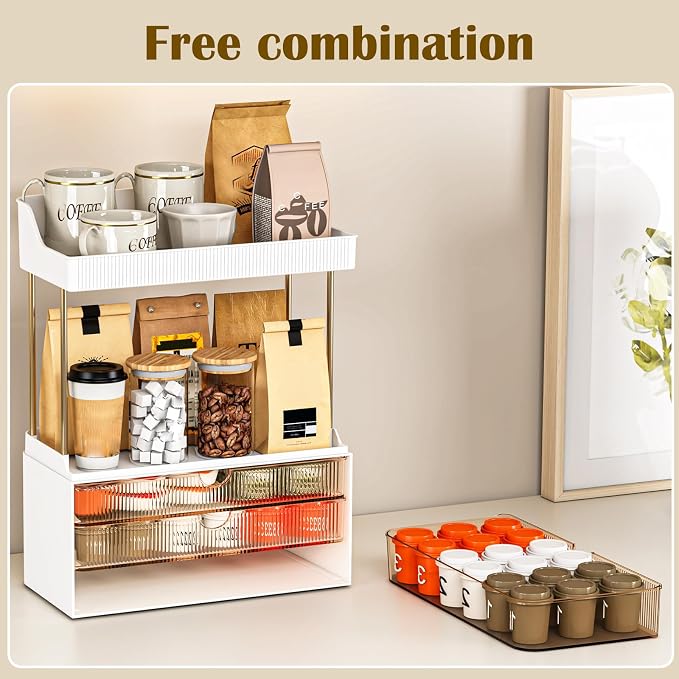 2 Sets 5 Tier Acrylic Makeup & Bathroom Vanity Organizer | 2 Set Amber, 3 drawers 2 open shelves, dustproof, wipe clean, for large skincare, perfumes, lipsticks, dresser, counter - Image 3