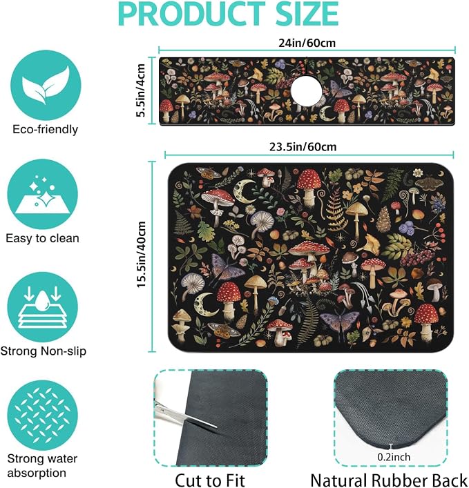 Dish Drying Mat for Kitchen Counter Matt, 2PCS 23"x15" Dish Drainer Mat & 24"x5.5" Sink Splash Guard, Super Absorbent Non-slip Rubber Backed - Image 2