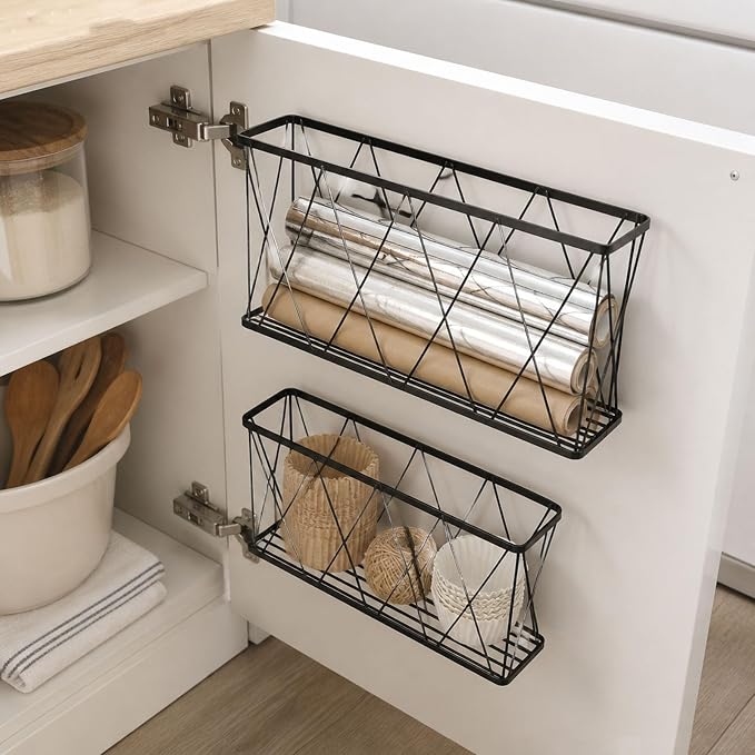 Foil and Plastic Wrap Organizer, 2 Pack Wall Rack for Kitchen Pantry | Metal, cabinet door use, self adhesive hooks, open wire basket, smooth black finish, two sizes, for bags and rolls - Image 5