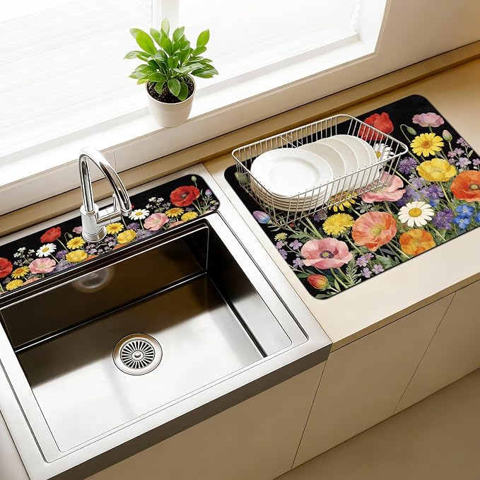 3 Pcs 2 Size Kitchen Sink Splash Guard Faucet Mat Wildflower Pattern Faucet Mats for Sinks Colorful Flower Absorbing Drying Mat for Kitchen Bathroom by CONCHLERY%E6%97%97%E8%88%B0%E5%BA%97