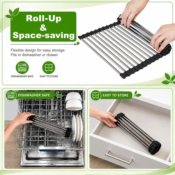 CHIRISEN Expandable Roll Up Dish Drying Rack Over the Sink Drying Rack for Kitchen Counter, Large Stainless Steel Dish Drainer Over Sink Dish Drying Rack Foldable, Collapsible, 21.14''x12'', 18Tube - Image 5