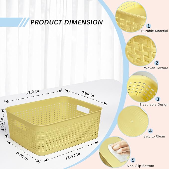 Plastic Storage Baskets for Cabinets, Household Pantry Organization with Handle,Organizer Bins for Room,Bathrooms,Under-Sink,Kitchen (Yellow, M-3PACK) - Image 2