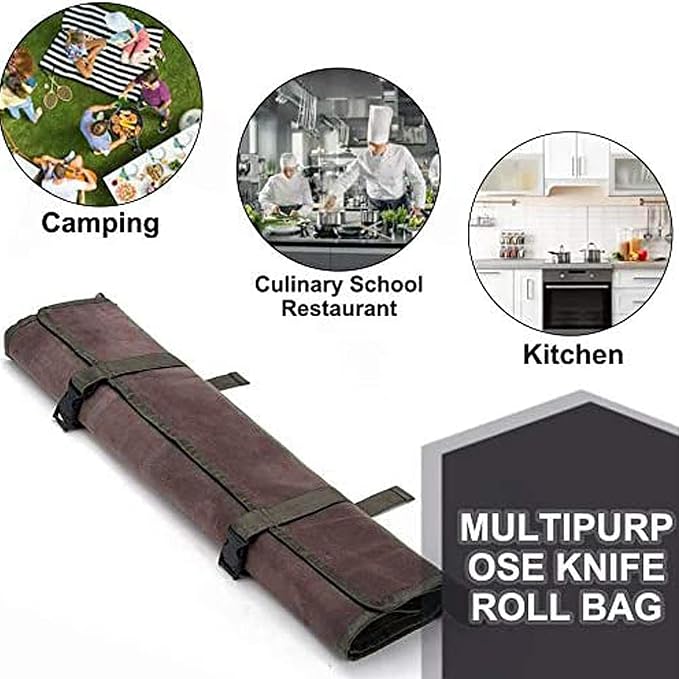 Chef’s Knife Roll Bag,Waxed Canvas Knife Cultery Carrier, Portable Chef Knife Cases,Knife Pouch Holders With 10 Slots Plus 1 Zipper Pockets Can Hold Home Kitchen Knife Tools Up To 18.8” - Image 4