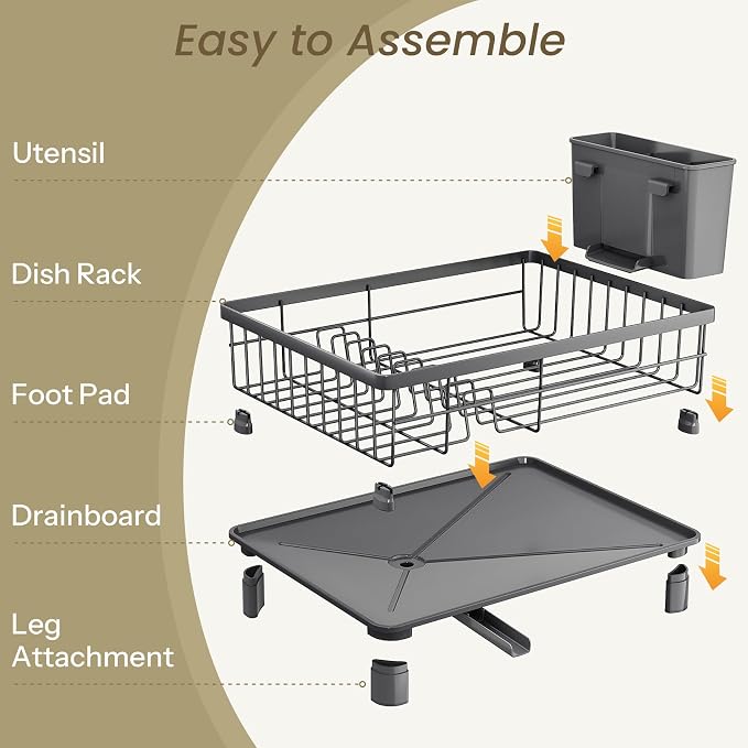SNTD Dish Drying Rack for Small Kitchen Counter, 11" W x 15" L, Grey | Space Saving, Rotating Spout & Angled Drainboard for Quick Drainage, Stainless Steel, Removable Utensil Holder - Image 6