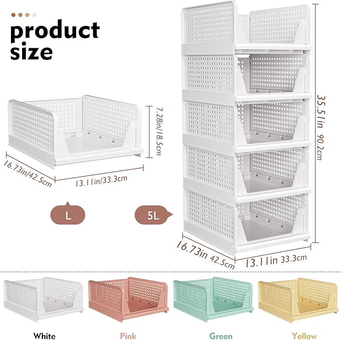 SNSLXH 5 Pack Stackable Closet Organizer Box, Multifunctional & Foldable Closet Storage Basket for Bathroom Kitchen Laundry Room Wardrobe Storage, Space-Saving Clothes Storage Drawer Organizer, Pink | Stackable & Foldable Closet Storage Bins for Bathro... - Image 2