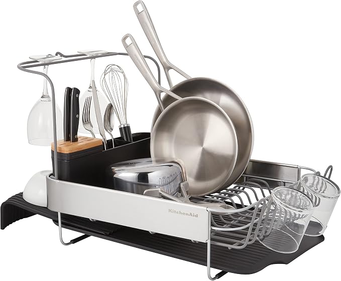 KitchenAid Full Size, Rust Resistant Expandable Dish Rack with Angled Self Draining Drainboard, 24-Inch, Black - Image 4