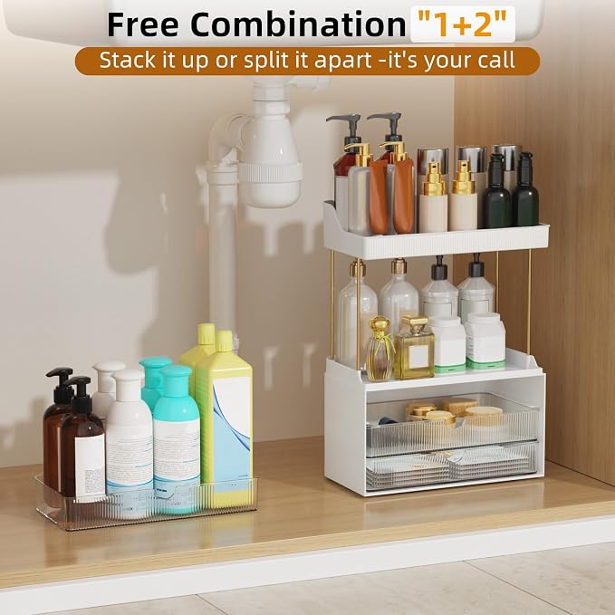 StorBin Arcylic 5-Tier Makeup & Skincare Organizer for Vanity, Bath, 2 Sets | Smooth 3 drawers, clear body, gold frame, non-slip, for perfumes, serums, face masks, palettes, vanity & bath counter,Clear - Image 7