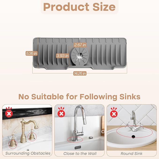 15.75 Inch Kitchen Sink Faucet Mat, Sink Protector&Splash Guard | Silicone, 10°Slope, Fast Self-draining, Snap Lock Fit, for Kitchen and Bathroom Countertop -15.75"x 5.51" - Image 2