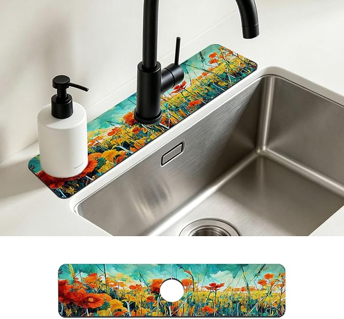Kitchen Faucet Mat Floral Abstract Oil Painting Sink Splash Guard Behind Faucet Draining Mat Kitchen Accessories Non-slip Easy to Clean for Bathroom & Kitchen 24"X5.5" by Unknown
