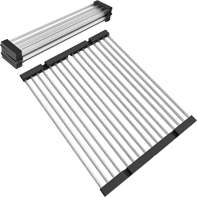GAViA Roll Up Dish Drying Rack, Foldable Over The Sink Dish Drying Rack | 17.3" x 13", Non-Slip,Heat-Resistant, Anti-Rust,Stainless Steel Sink Drying Mat,Dish Drainer,Sink Cover, All-in-one, Black - Image 9
