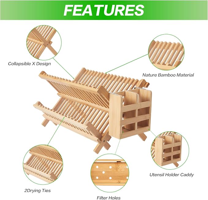 NOVAYEAH Bamboo Dish Drying Rack-2 Tier, Collapsible Small Dish Rack with Utensil Holder, Wooden Drying Rack for Kitchen Counter, Apartment Essentials Kitchen Plate Holder Organization 34 pcs Grid | 2-Tier Collapsible Large Dish Drying Rack Folding Dry... - Image 4