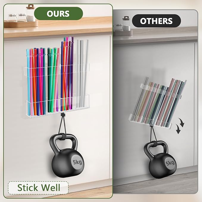 7.5" Small Acrylic Straw Holder for Cabinet Door - Reusable Tumbler Straw Organizer Storage, Small Kitchen Accessories Container, Ultra Sticky Cupboard Door Mounted (Transparent) - Image 3