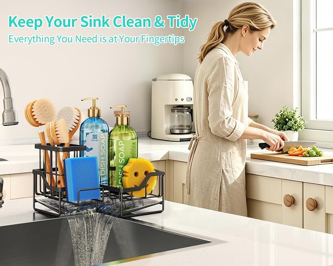 HapiRm Sponge Holder for Kitchen Sink - Rustproof L-Shaped Sink Caddy | Stainless Steel Kitchen Organizer for Sink Corner, Self-Draining 3-in-1 Dish Brush and Sponge Storage, Space-Saving - Black - Image 8