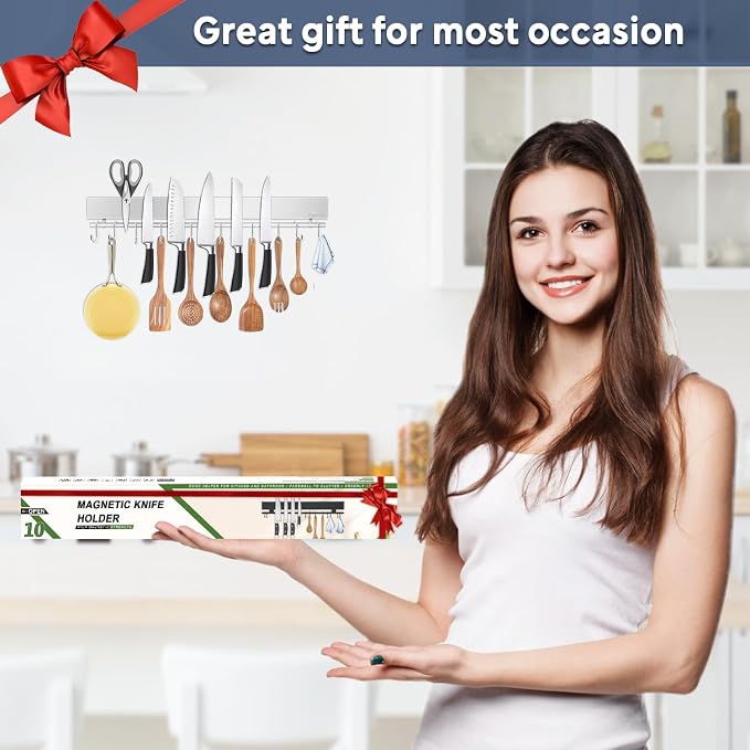 17 inch Magnetic Knife Holder with 10 Hooks, No Drilling Wall Mount, Powerful Magnet Rack - Image 6