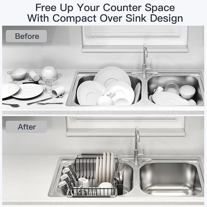Dish Drying Rack Over The Sink with Utensil Holder, Drainboard | Expandable Stainless Steel Dish Drainer for Small Kitchen, Apartment, RV, Counter Space Saving, Perfect Fit, Rustproof - Image 2